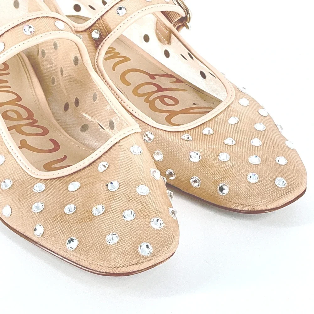 Sam Edelman Size 8.5 Mesh Crystal Mary Jane Flats Nude Beige Rhinestone Michaela - Picture 2 of 14